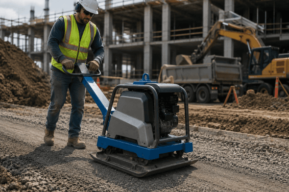 Weber MT vibratory plate compactor operating on a commercial construction project
