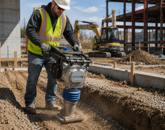 Weber MT rammer tamper compacting soil at a commercial construction site