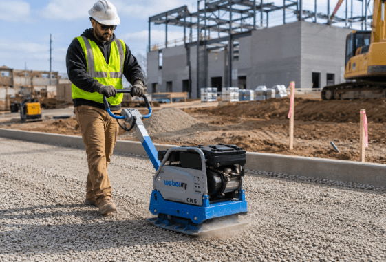 Weber MT reversible plate compactor compacting soil in a utility trench