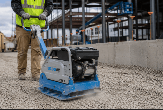 Weber MT plate compactor compacting gravel for a commercial foundation project