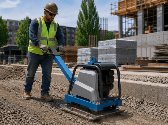 Weber MT reversible plate compactor compacting gravel on a roadway construction project