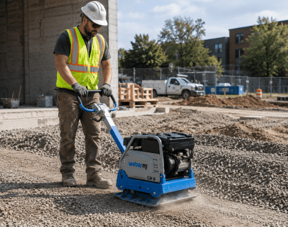 Contractor servicing a Weber MT plate compactor at a construction site