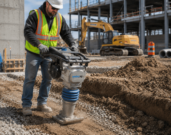 Contractor using a Weber MT rammer tamper on a trench compaction project